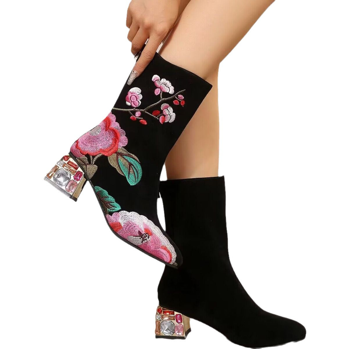 Isabelle | Blumenstickerei Mid-Calf Vintage Stiefel für Herbst und Winter