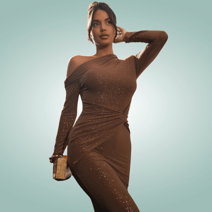 Louis | Glitzerndes asymmetrisches maxikleid mit off-shoulder design