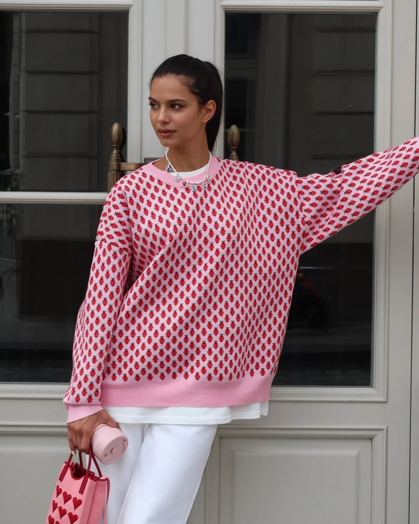 Valentina | Oversized Damenpullover mit Herzmuster und Rundhalsausschnitt