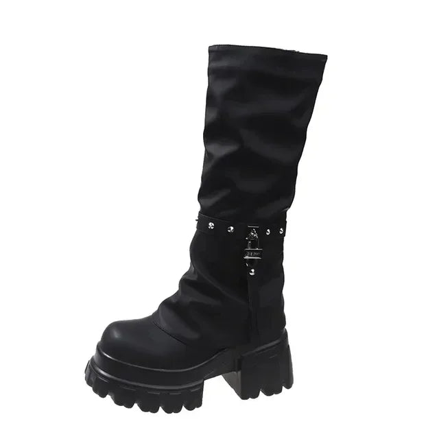 Jean | Damen kniehohe stiefel mit chunky-sohle und runden absatz