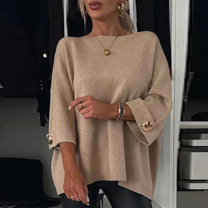 Lina | Rundhals pullover mit knöpfen, herbst-stil