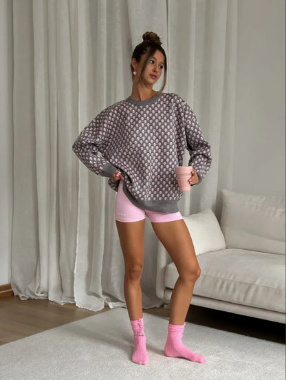 Valentina | Oversized Damenpullover mit Herzmuster und Rundhalsausschnitt